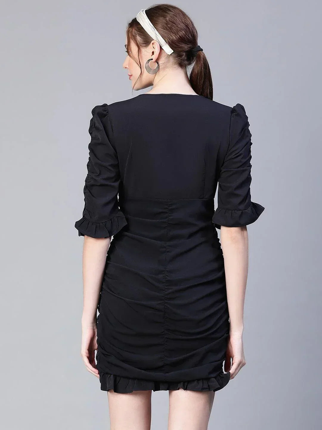 Black Gather Pleated V-Neck Ruffle Women Dress - oxolloxo