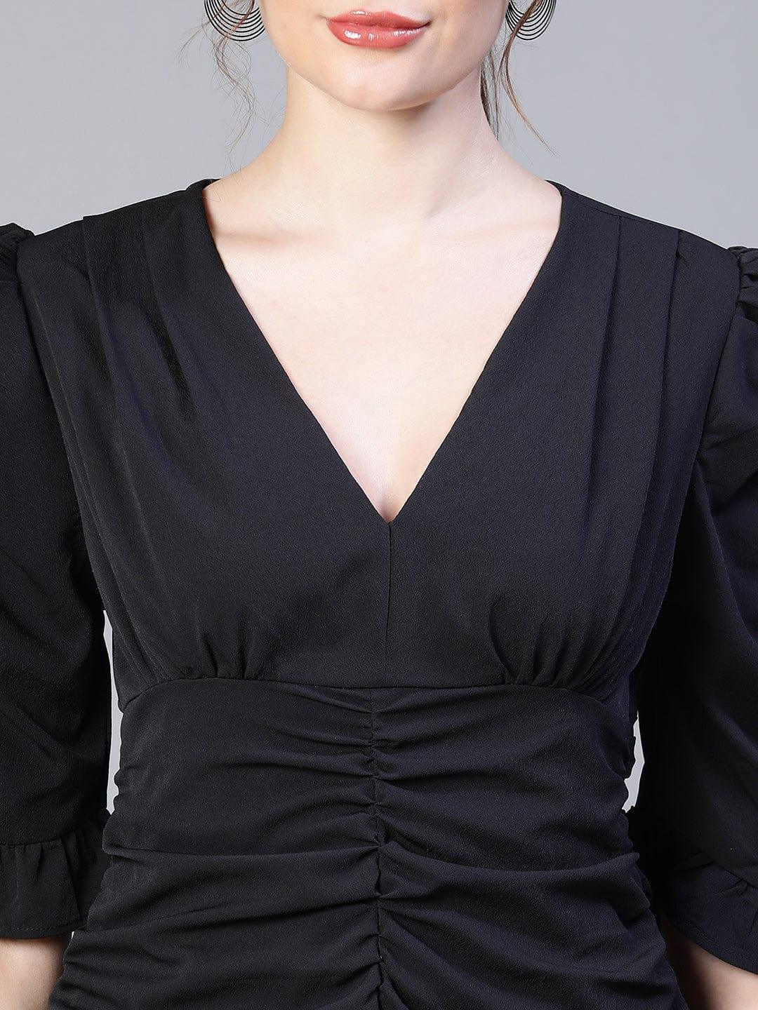 Black Gather Pleated V-Neck Ruffle Women Dress - oxolloxo