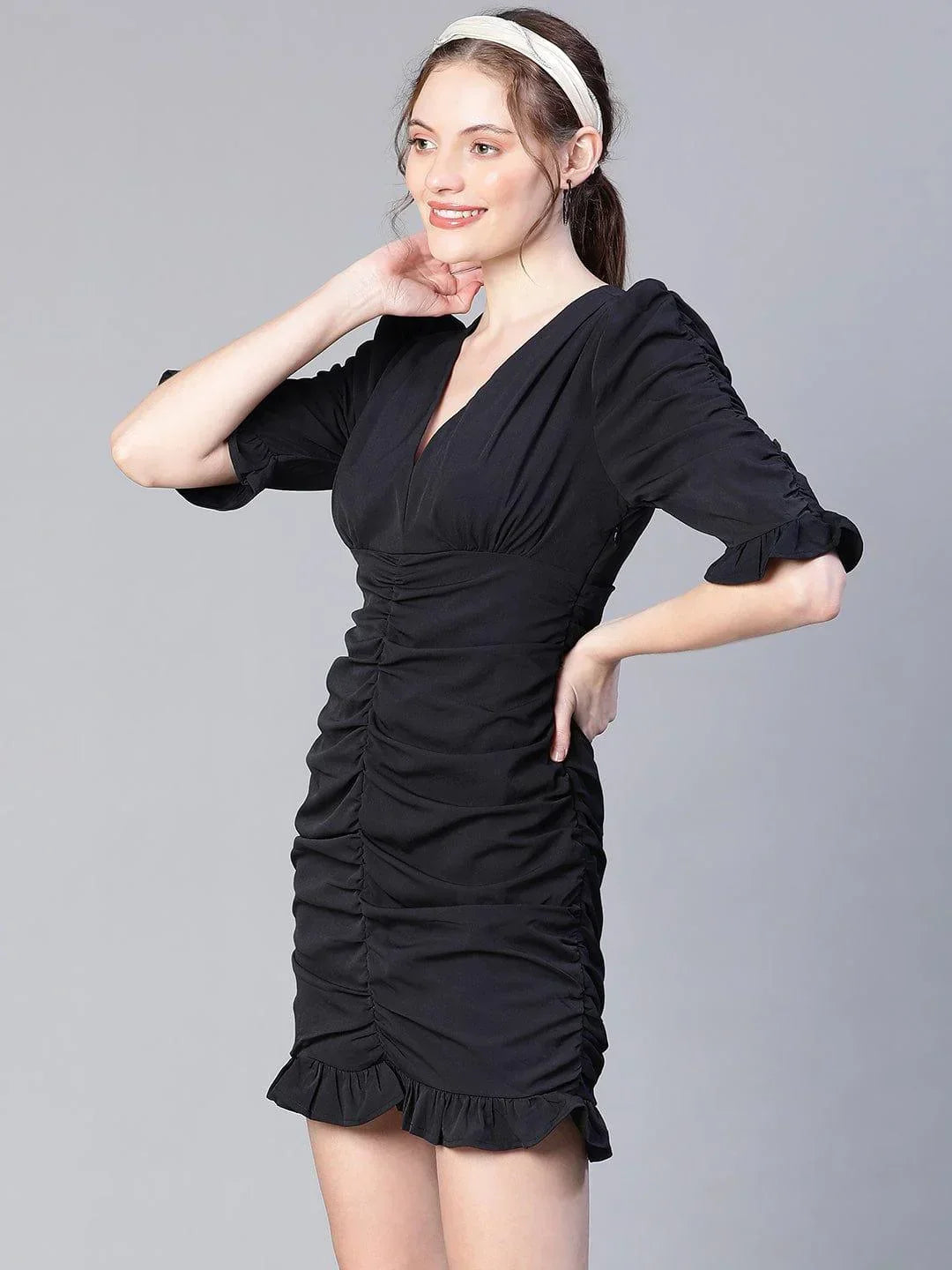 Black Gather Pleated V-Neck Ruffle Women Dress - oxolloxo