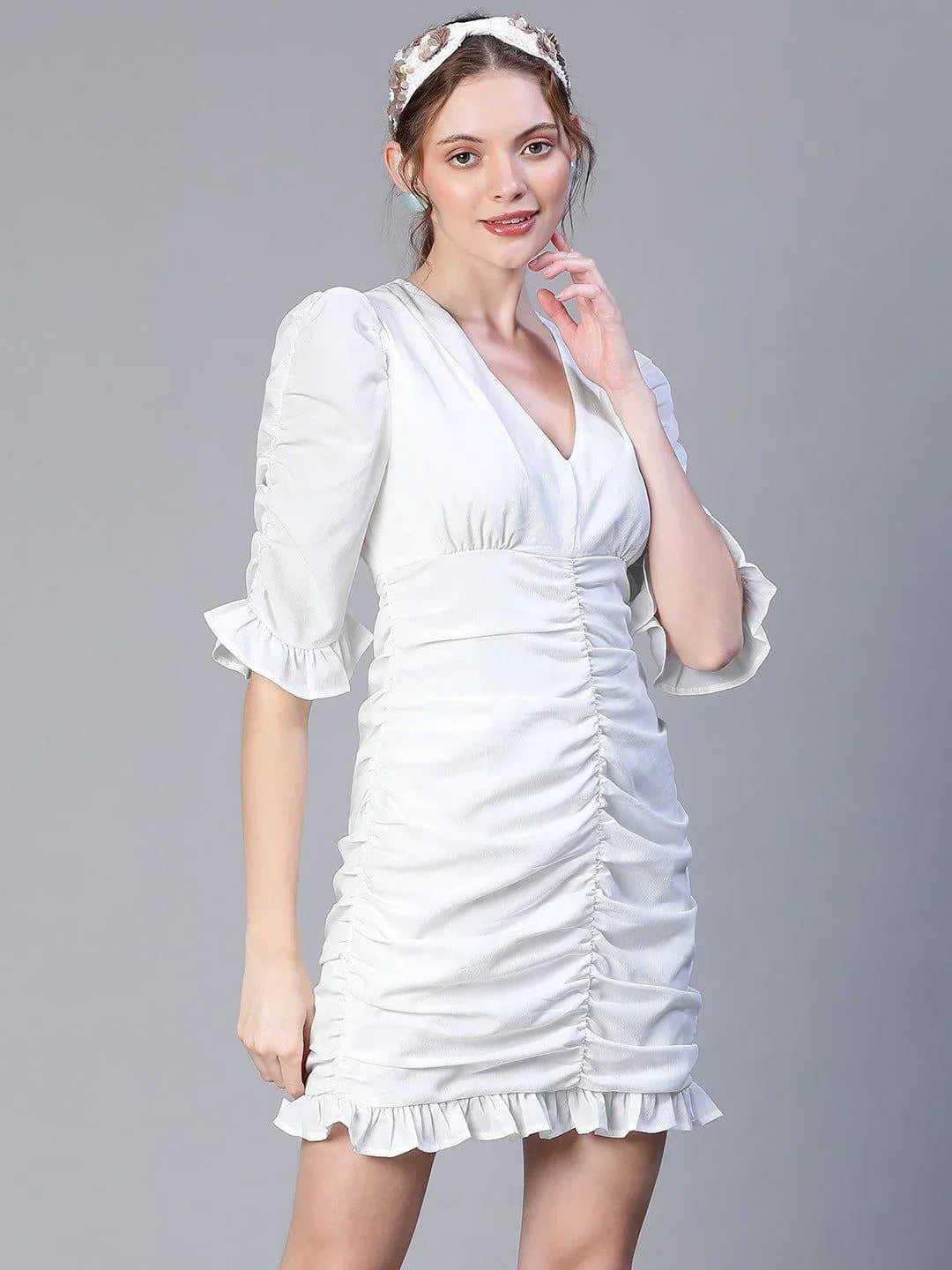 White Gather Pleated V-Neck Ruffle Women Dress - oxolloxo