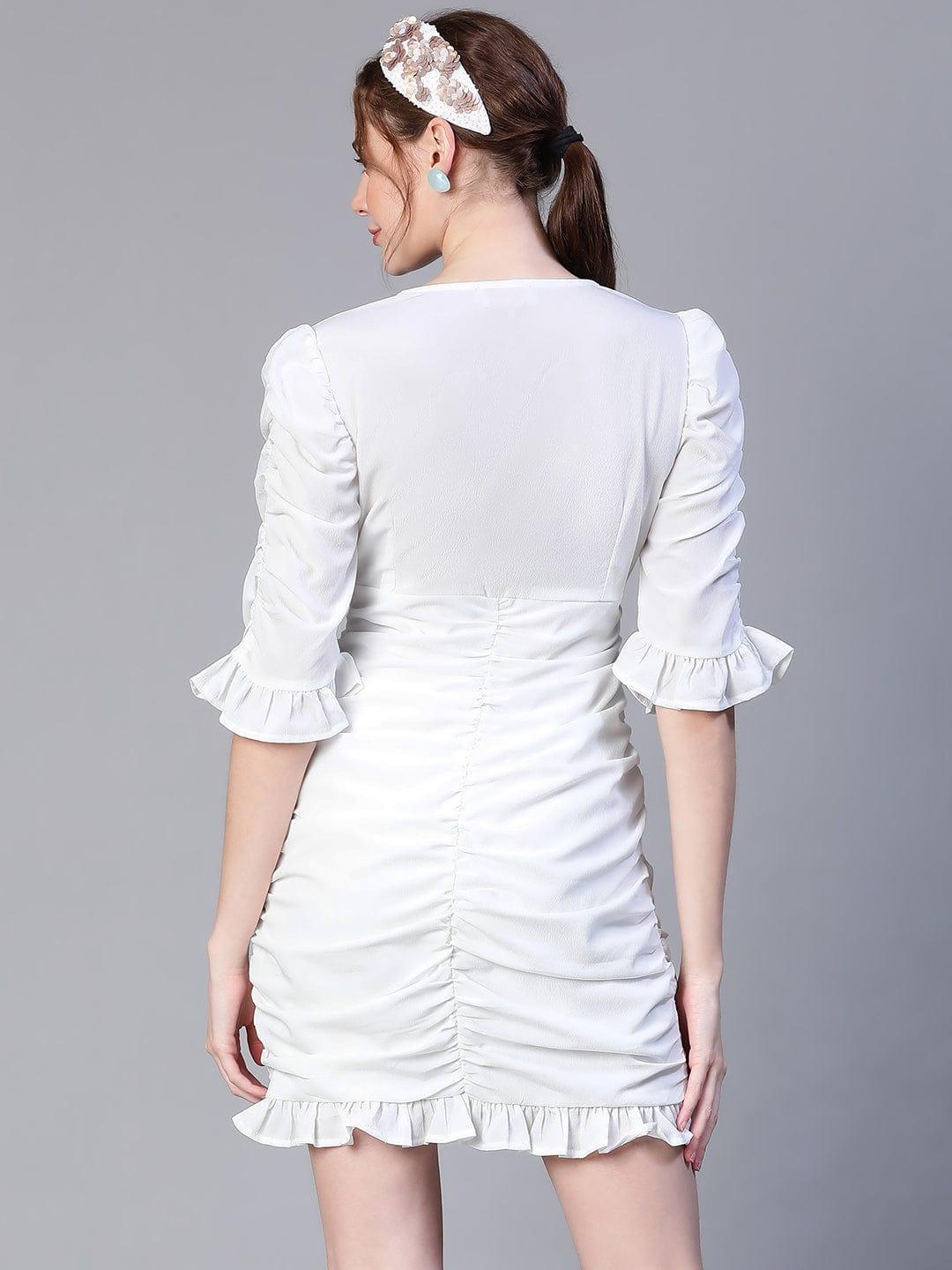 White Gather Pleated V-Neck Ruffle Women Dress - oxolloxo