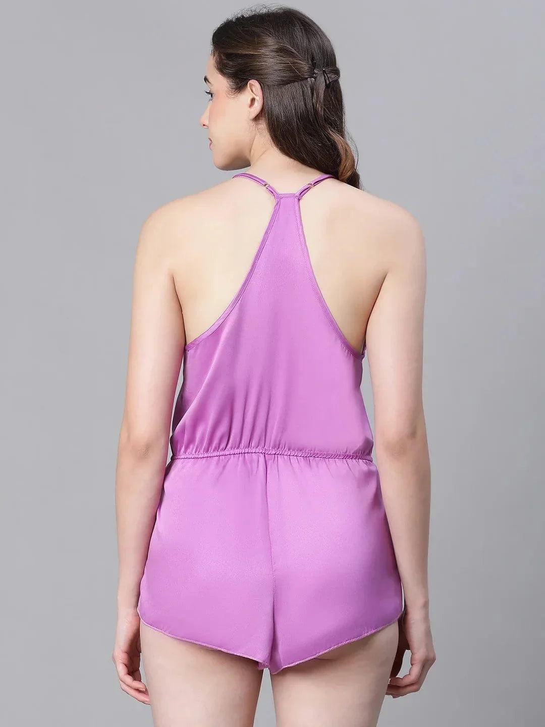 Women Soild Purple Elasticated Waist Shoulder Strap Racer Back Lingerie Satin Playsuit - oxolloxo