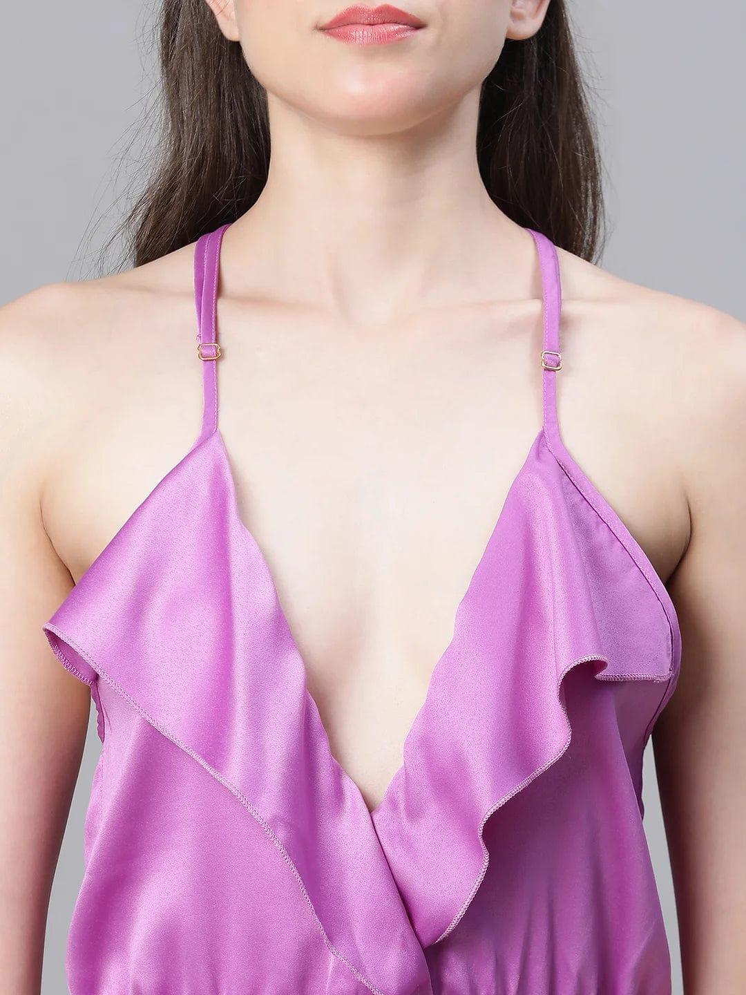 Women Soild Purple Elasticated Waist Shoulder Strap Racer Back Lingerie Satin Playsuit - oxolloxo