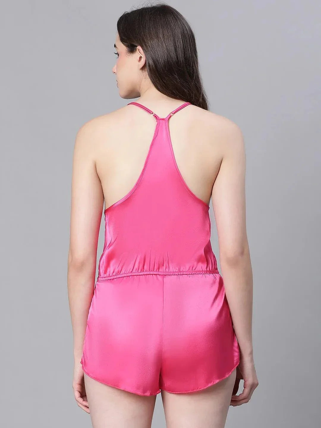 Women Soild Pink Elasticated Waist Shoulder Strap Racer Back Lingerie Satin Playsuit - oxolloxo