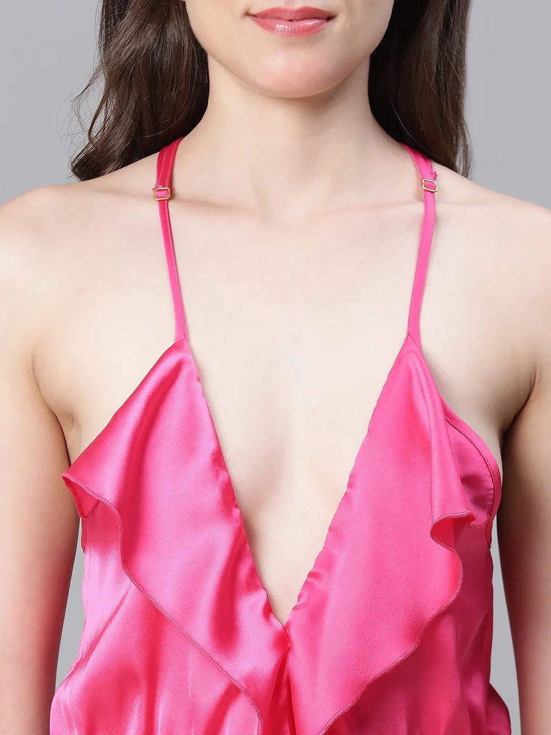 Women Soild Pink Elasticated Waist Shoulder Strap Racer Back Lingerie Satin Playsuit - oxolloxo