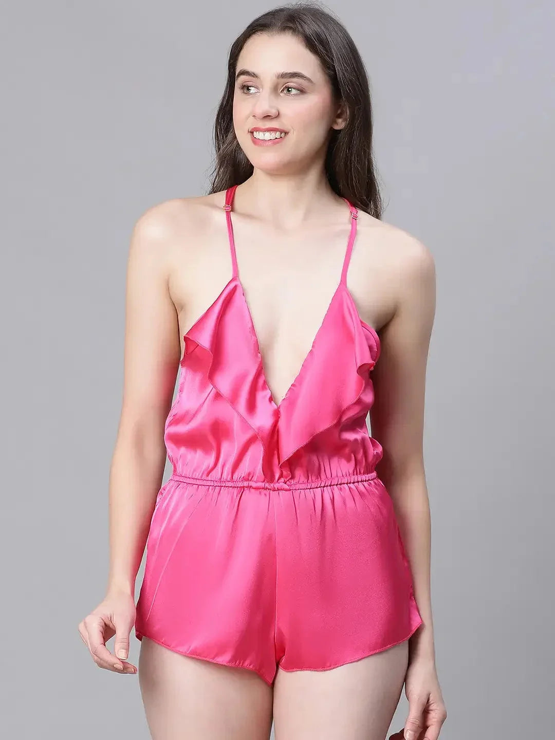 Women Soild Pink Elasticated Waist Shoulder Strap Racer Back Lingerie Satin Playsuit - oxolloxo