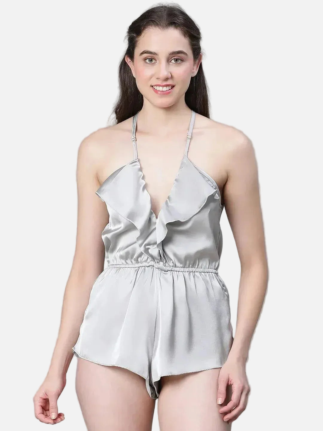 Eased Grey Elasticated Ruffled Satin Lingerie Set Playsuit For Women - oxolloxo