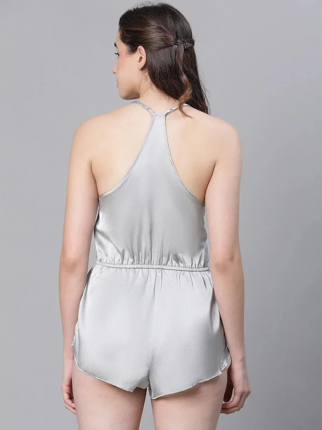 Eased Grey Elasticated Ruffled Satin Lingerie Set Playsuit For Women   oxolloxo