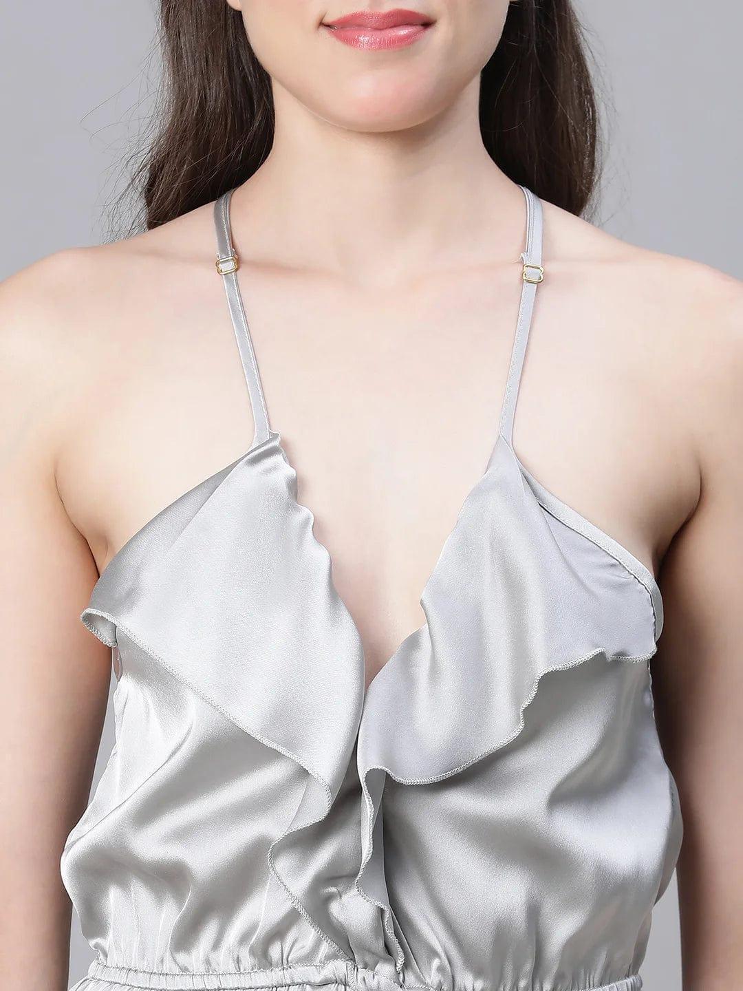 Eased Grey Elasticated Ruffled Satin Lingerie Set Playsuit For Women   oxolloxo
