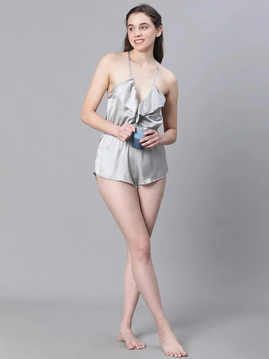Eased Grey Elasticated Ruffled Satin Lingerie Set Playsuit For Women   oxolloxo