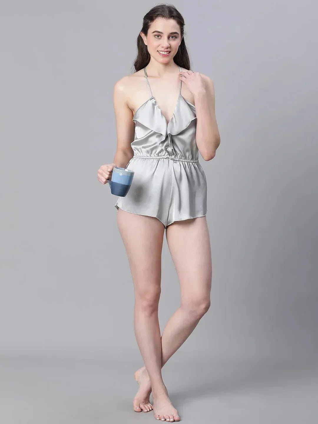 Eased Grey Elasticated Ruffled Satin Lingerie Set Playsuit For Women   oxolloxo