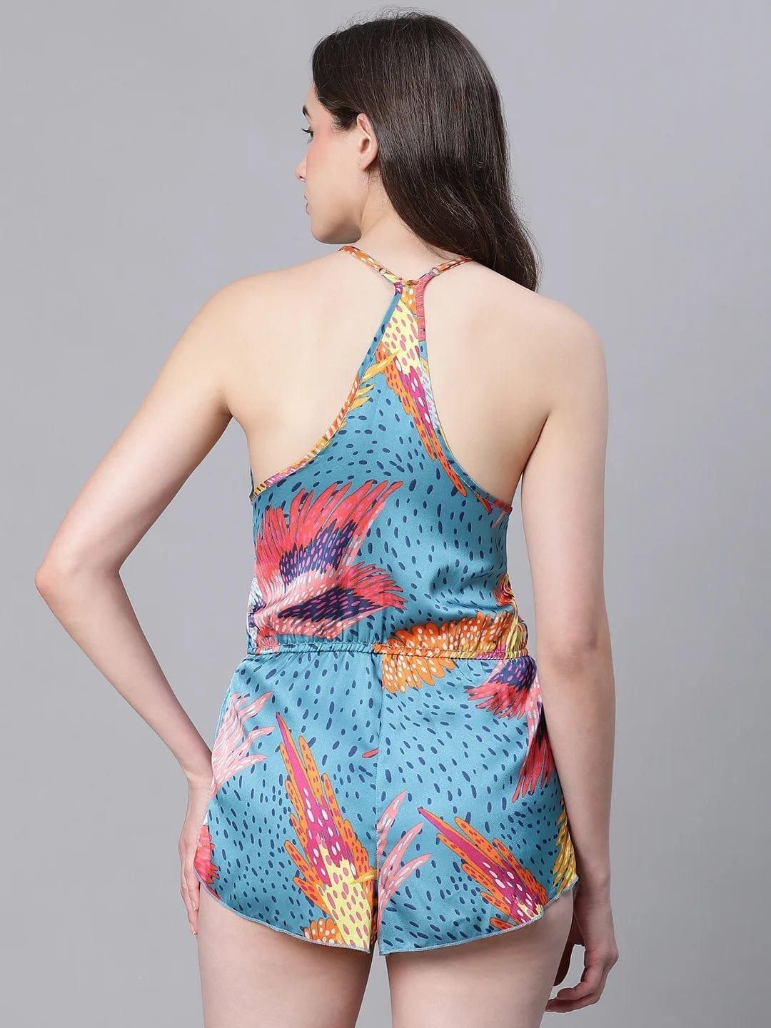 Restful Floral Print Multicolor Ruffled Satin Lingerie Set Playsuit - oxolloxo