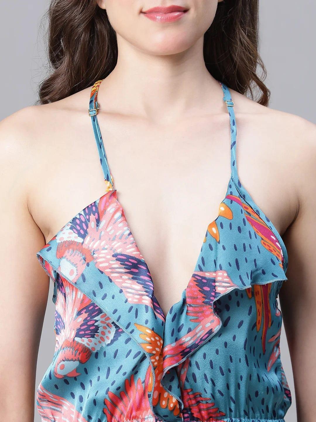 Restful Floral Print Multicolor Ruffled Satin Lingerie Set Playsuit - oxolloxo