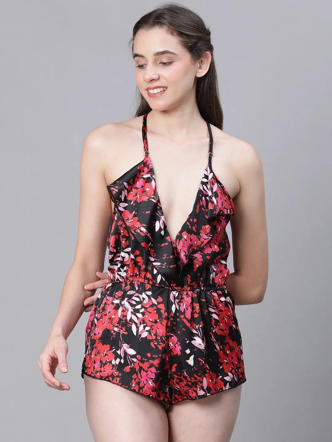Women Multicolor Floral Print Elasticated Waist Shoulder Strap Racer Back Lingerie Satin Playsuit - oxolloxo