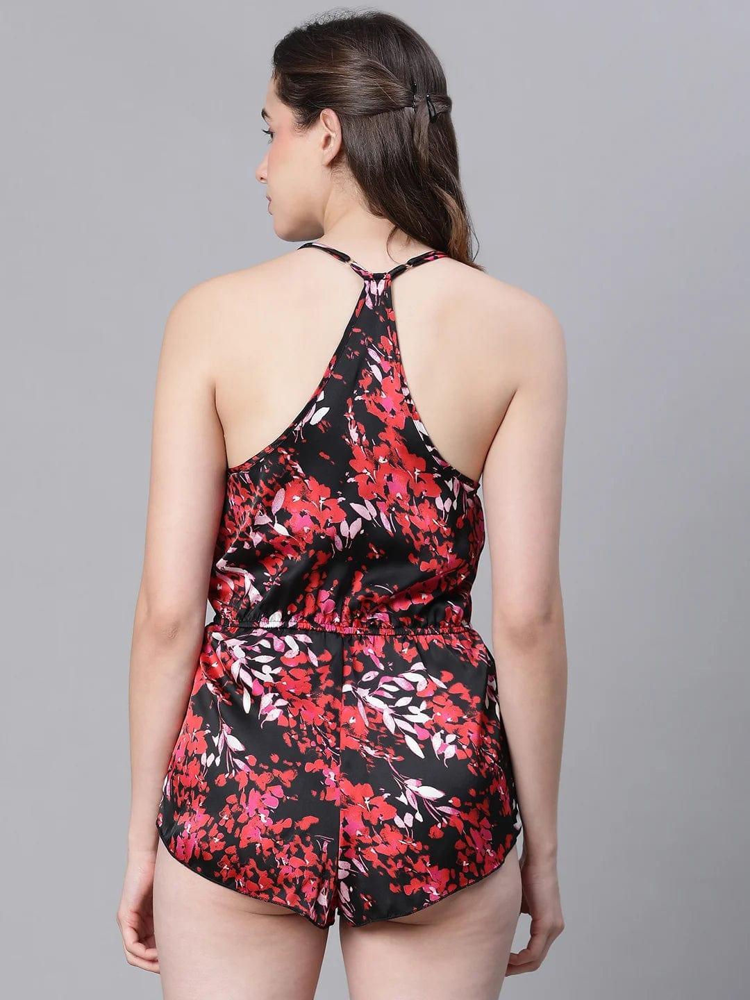 Women Multicolor Floral Print Elasticated Waist Shoulder Strap Racer Back Lingerie Satin Playsuit - oxolloxo