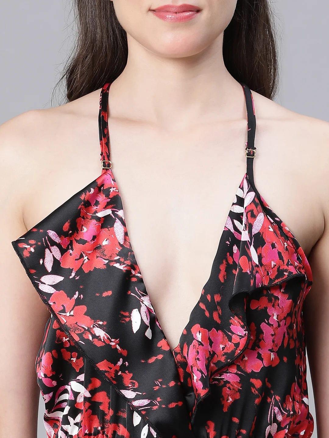 Women Multicolor Floral Print Elasticated Waist Shoulder Strap Racer Back Lingerie Satin Playsuit - oxolloxo