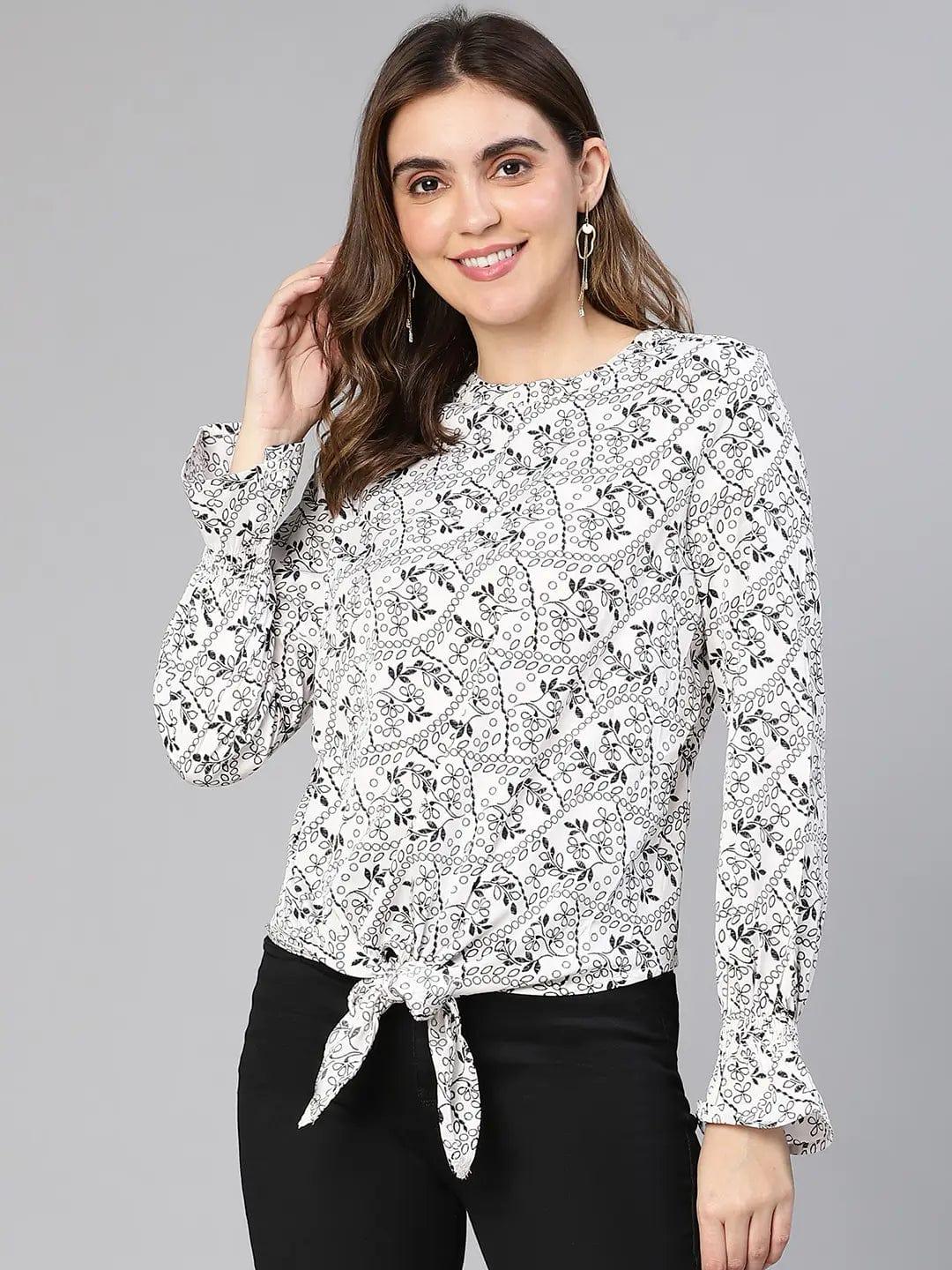 Women White Floral Print Tie-Knotted Polyester Top - oxolloxo