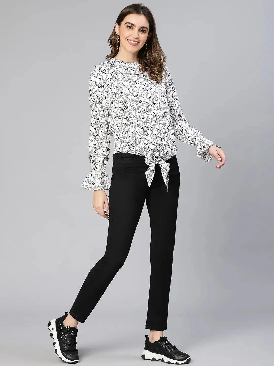 Women White Floral Print Tie-Knotted Polyester Top - oxolloxo