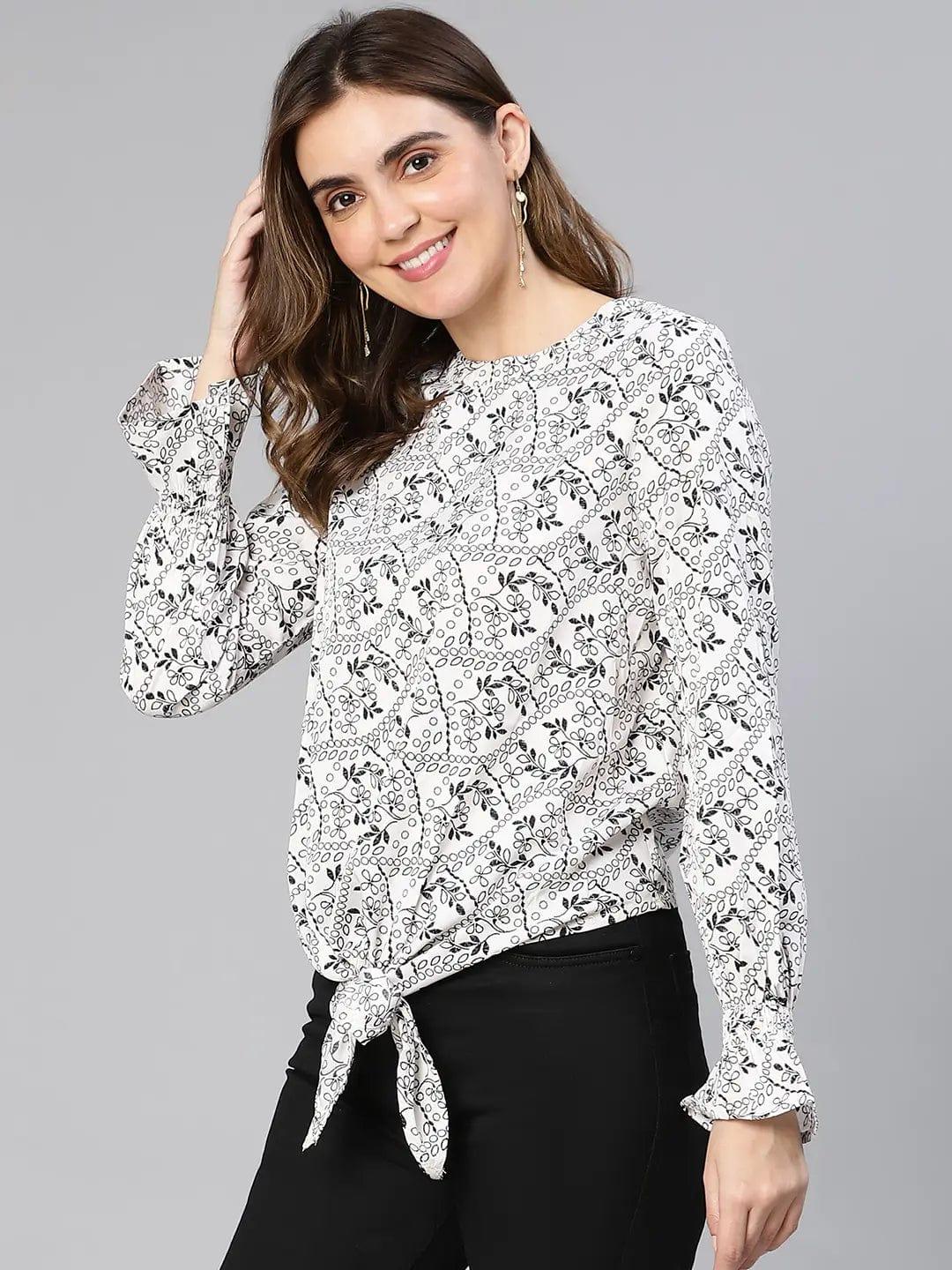 Women White Floral Print Tie-Knotted Polyester Top - oxolloxo