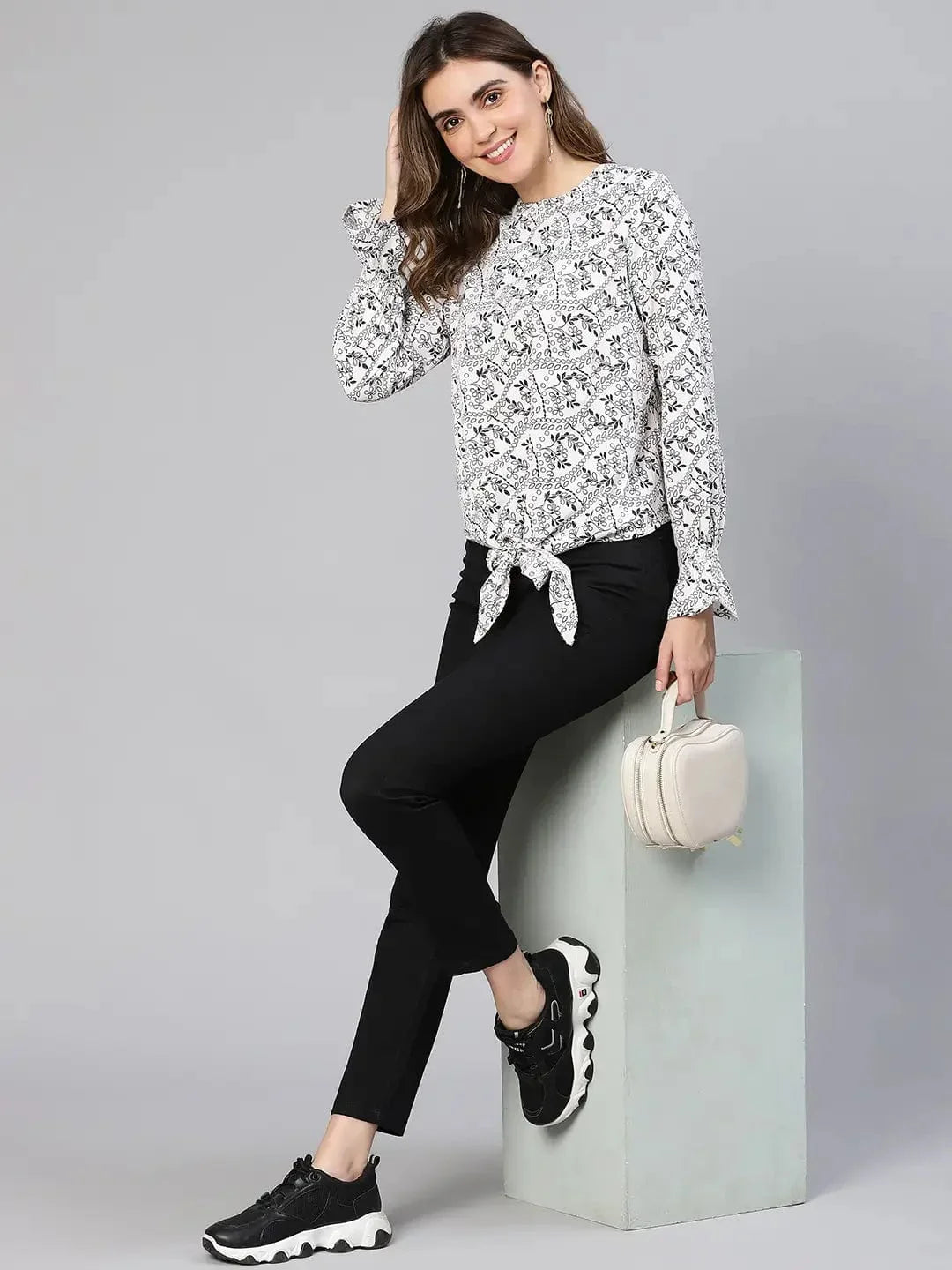 Women White Floral Print Tie-Knotted Polyester Top - oxolloxo