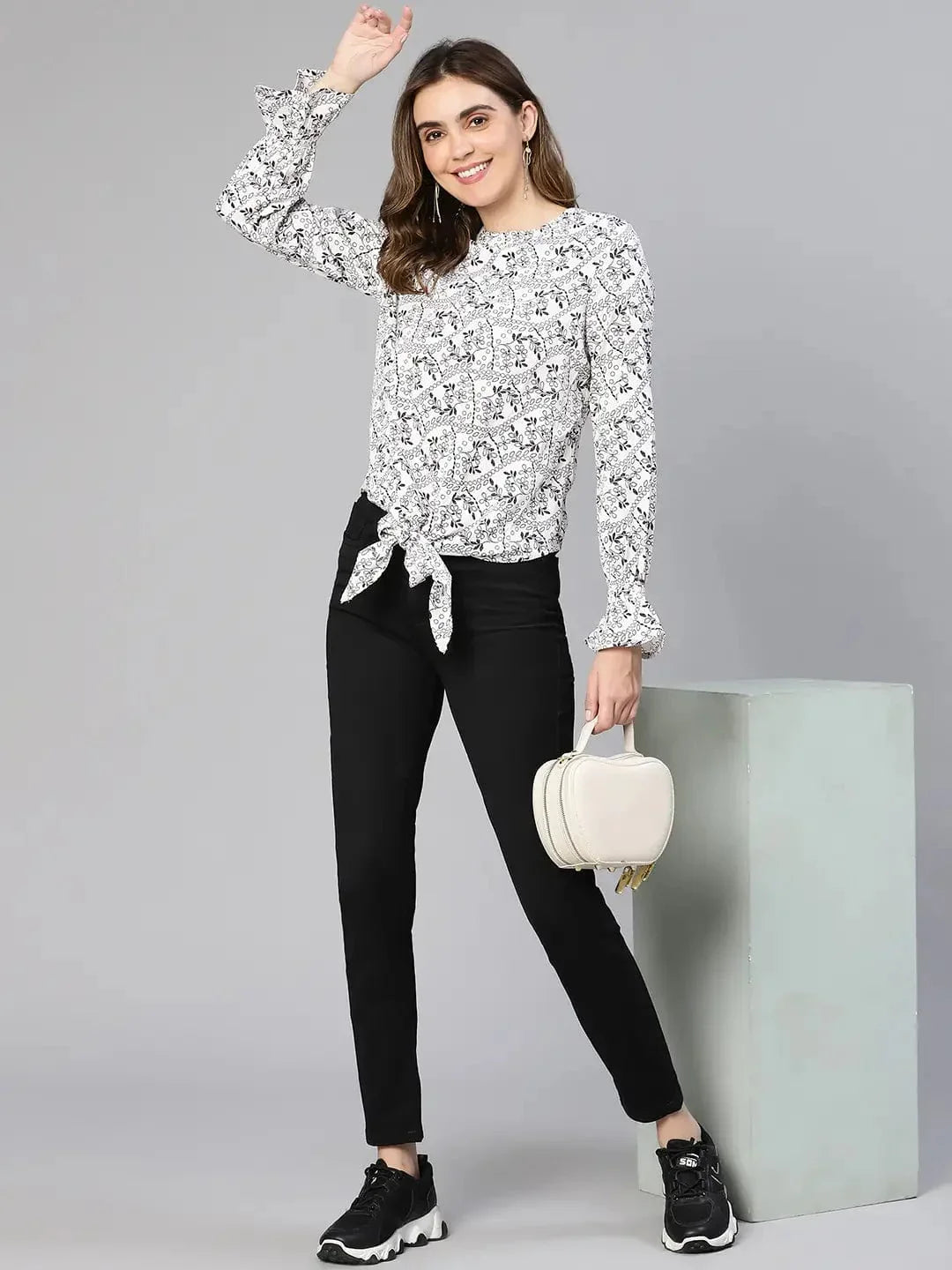Women White Floral Print Tie-Knotted Polyester Top - oxolloxo