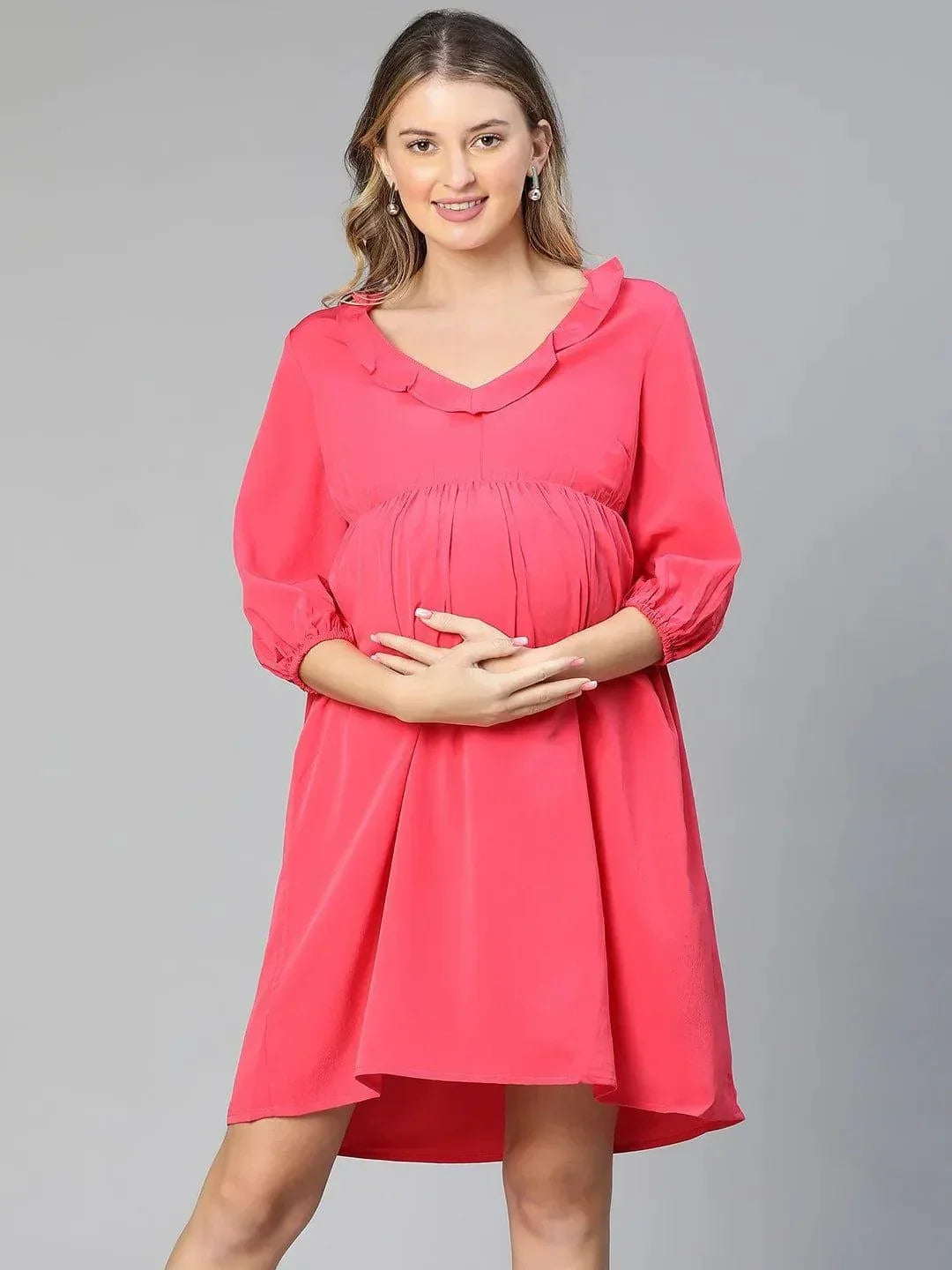Malicious Pink Round Neck Ruffled Maternity Dress For Moms - oxolloxo