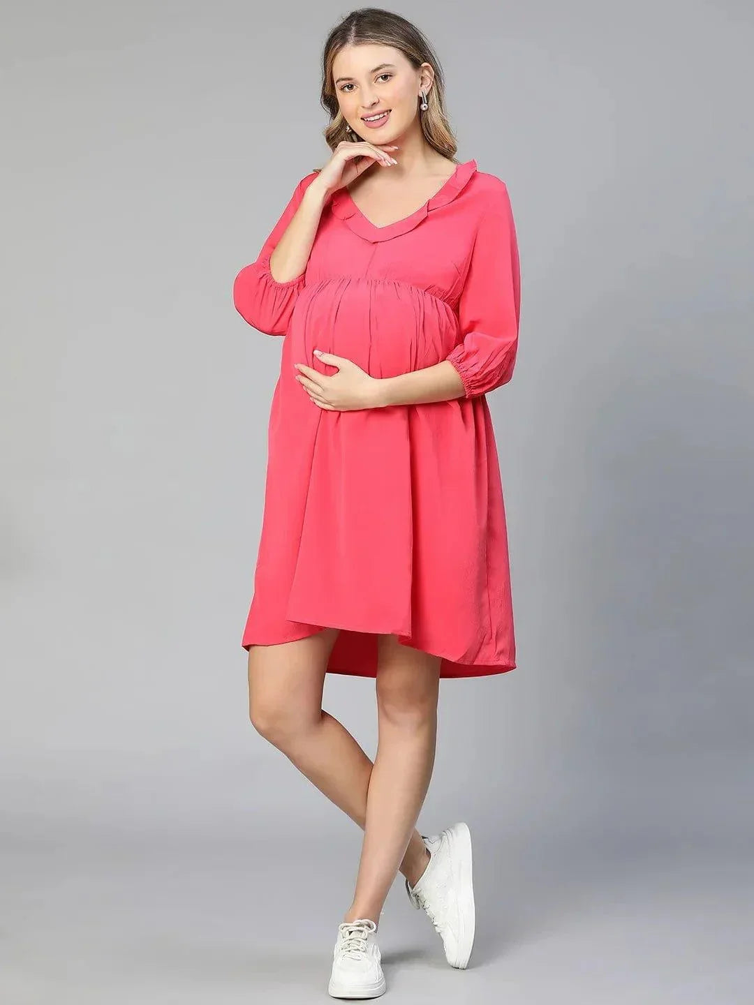 Malicious Pink Round Neck Ruffled Maternity Dress For Moms - oxolloxo
