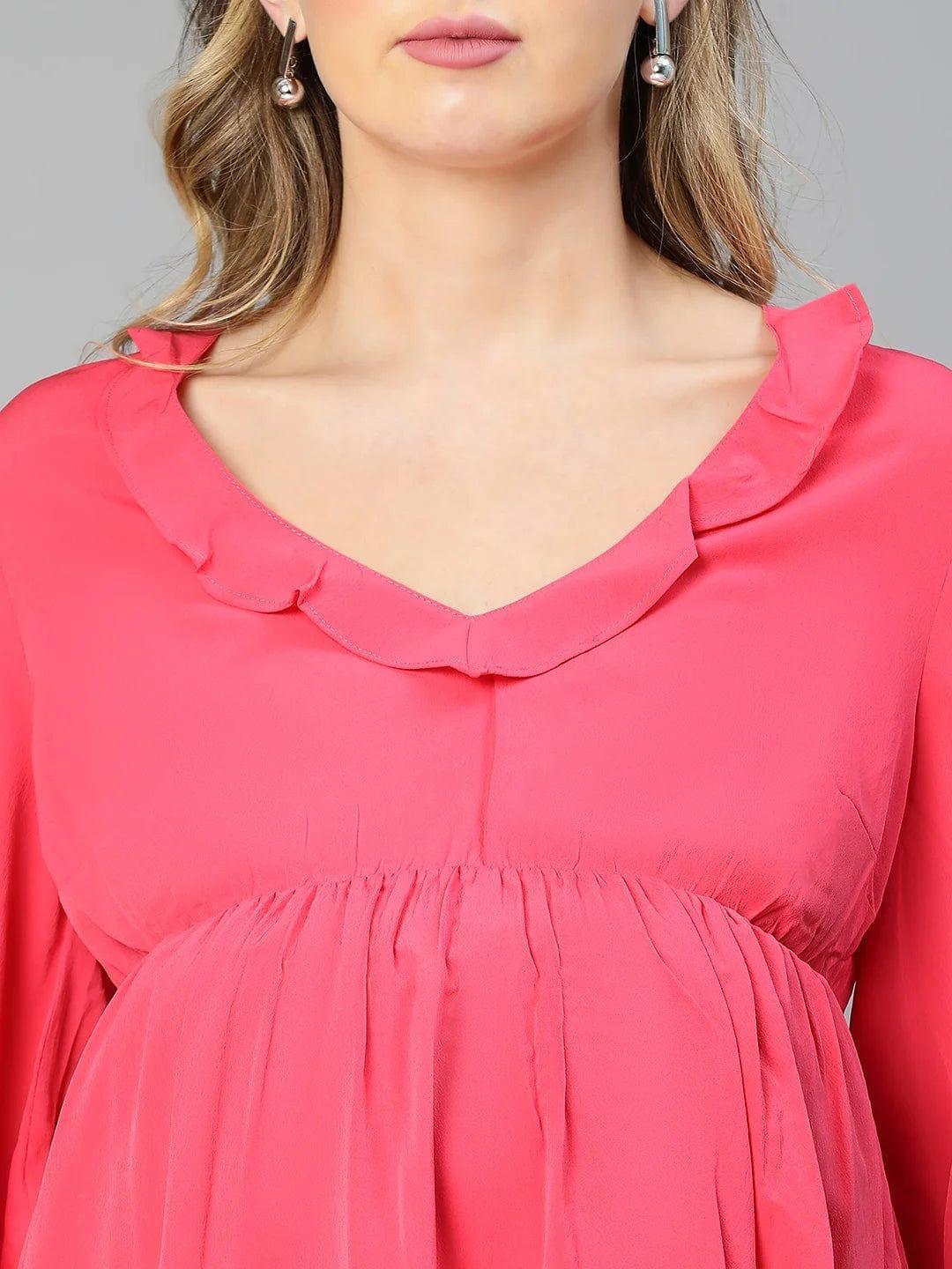 Malicious Pink Round Neck Ruffled Maternity Dress For Moms - oxolloxo