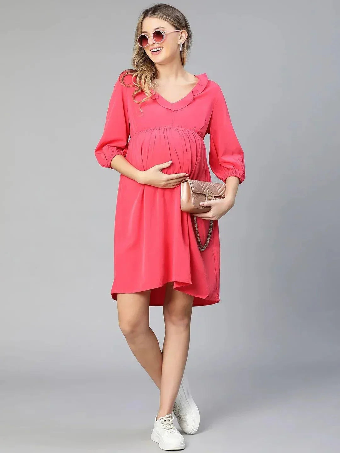Malicious Pink Round Neck Ruffled Maternity Dress For Moms - oxolloxo