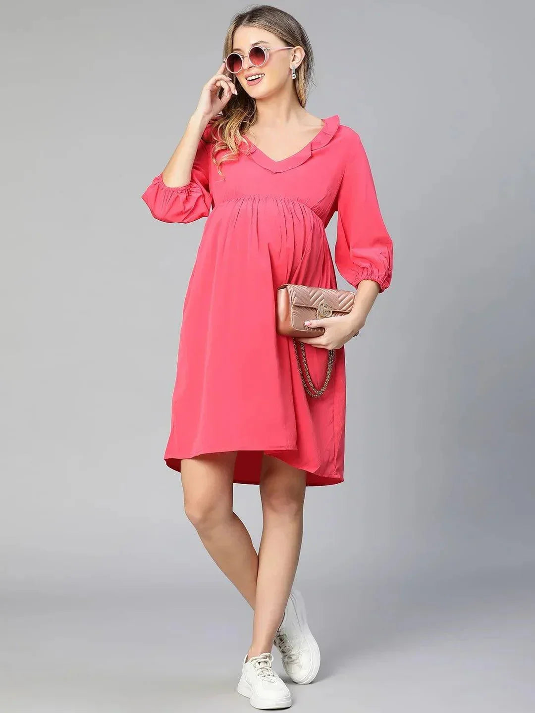Malicious Pink Round Neck Ruffled Maternity Dress For Moms - oxolloxo