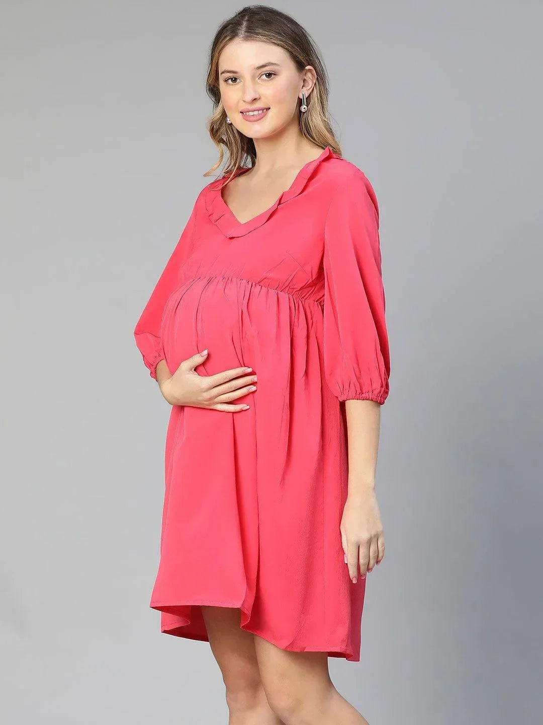 Malicious Pink Round Neck Ruffled Maternity Dress For Moms - oxolloxo