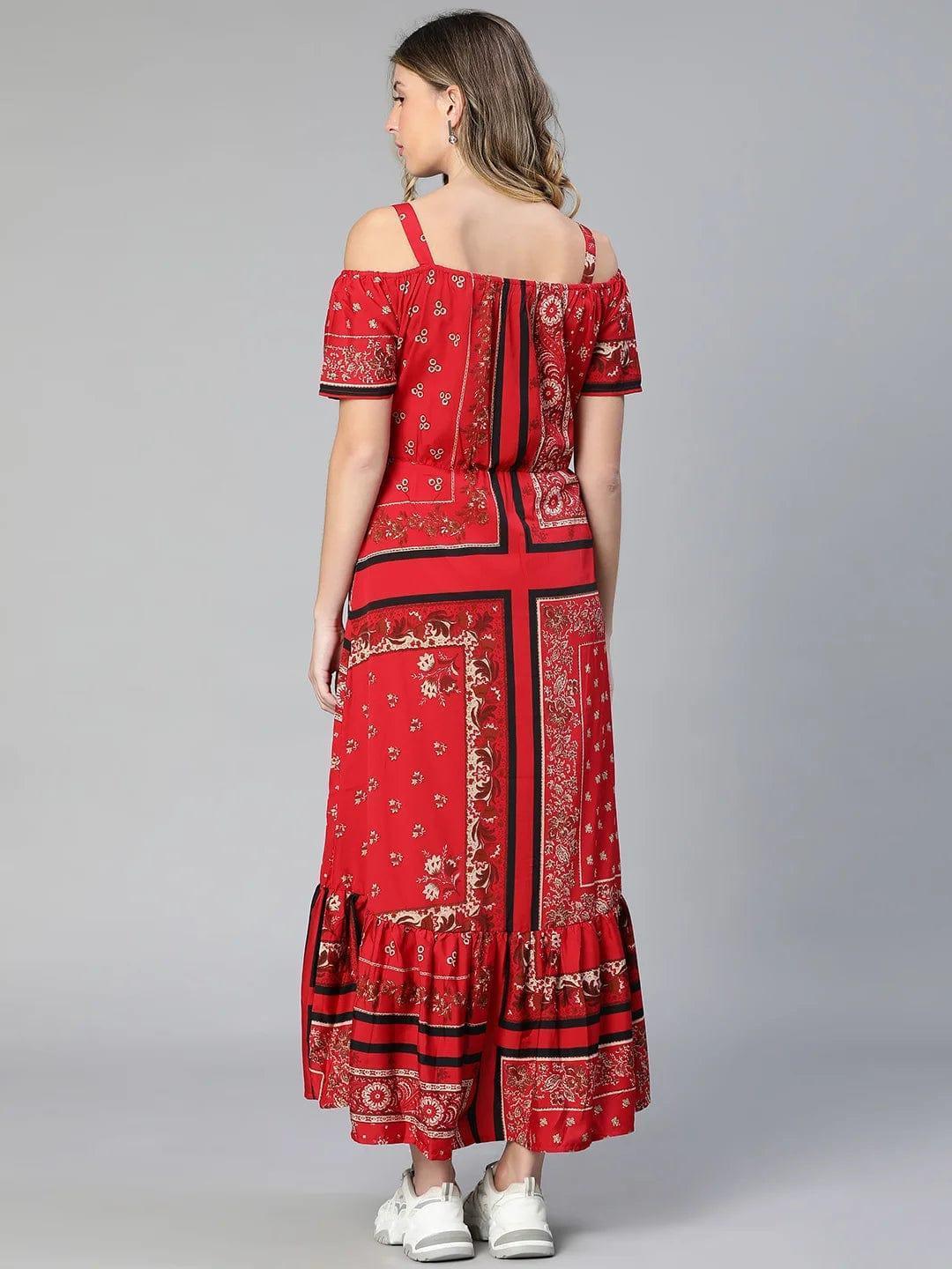 Amplified Red Floral Print Off-Shoulder Maternity Dress For Moms - oxolloxo