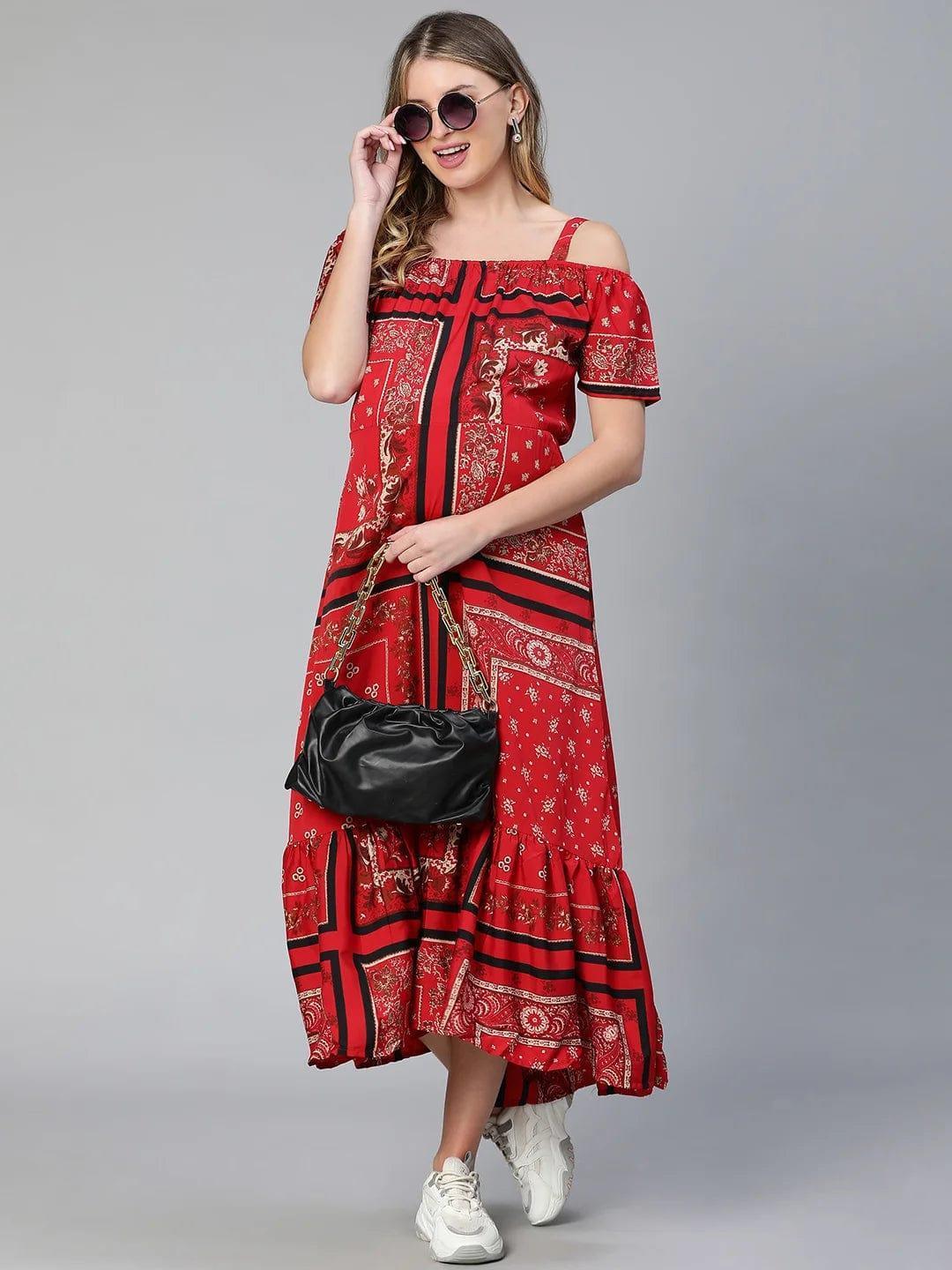 Amplified Red Floral Print Off-Shoulder Maternity Dress For Moms - oxolloxo