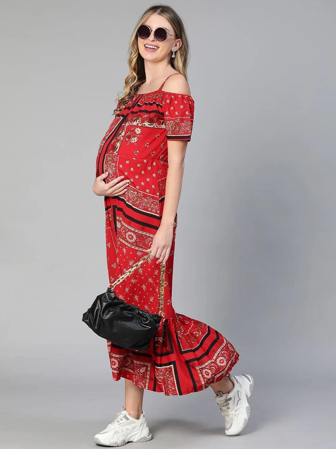Amplified Red Floral Print Off-Shoulder Maternity Dress For Moms - oxolloxo