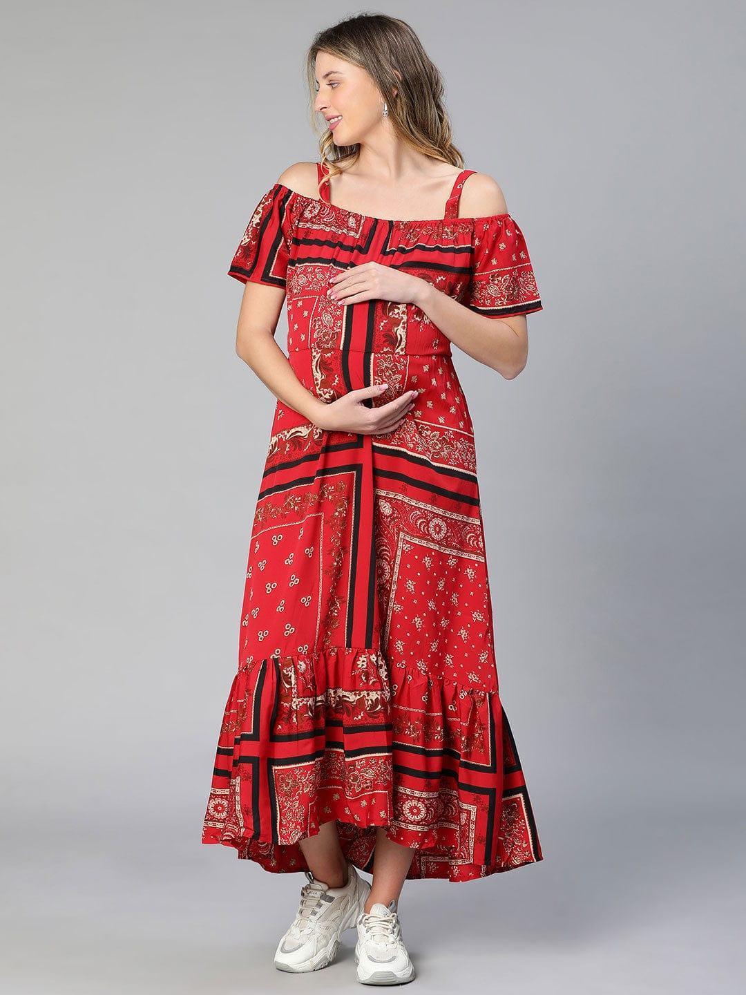 Amplified Red Floral Print Off-Shoulder Maternity Dress For Moms - oxolloxo