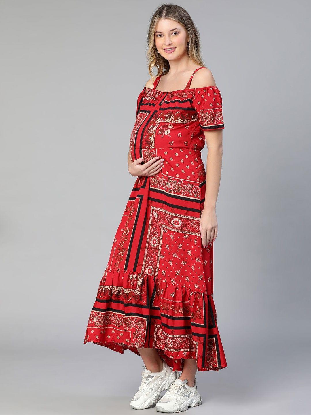 Amplified Red Floral Print Off-Shoulder Maternity Dress For Moms - oxolloxo