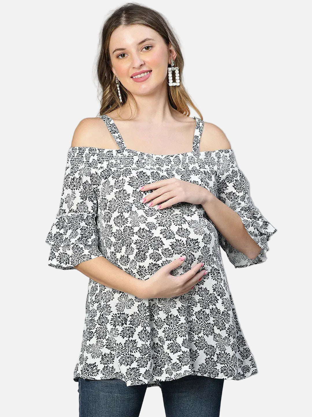 Women White Floral Maternity Top