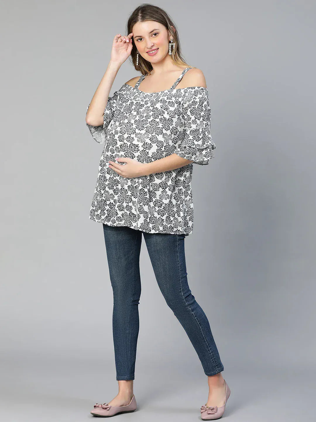 Women White Floral Maternity Top