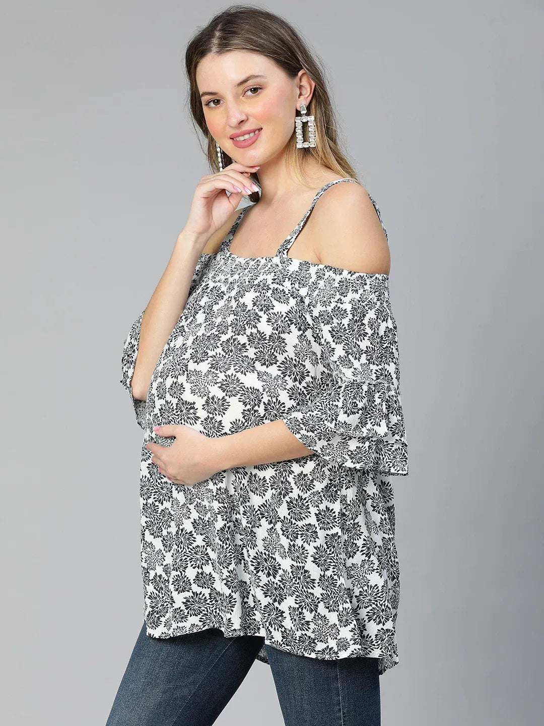 Women White Floral Maternity Top