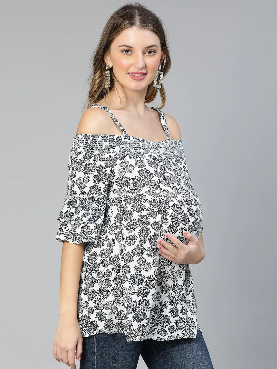 Women White Floral Maternity Top