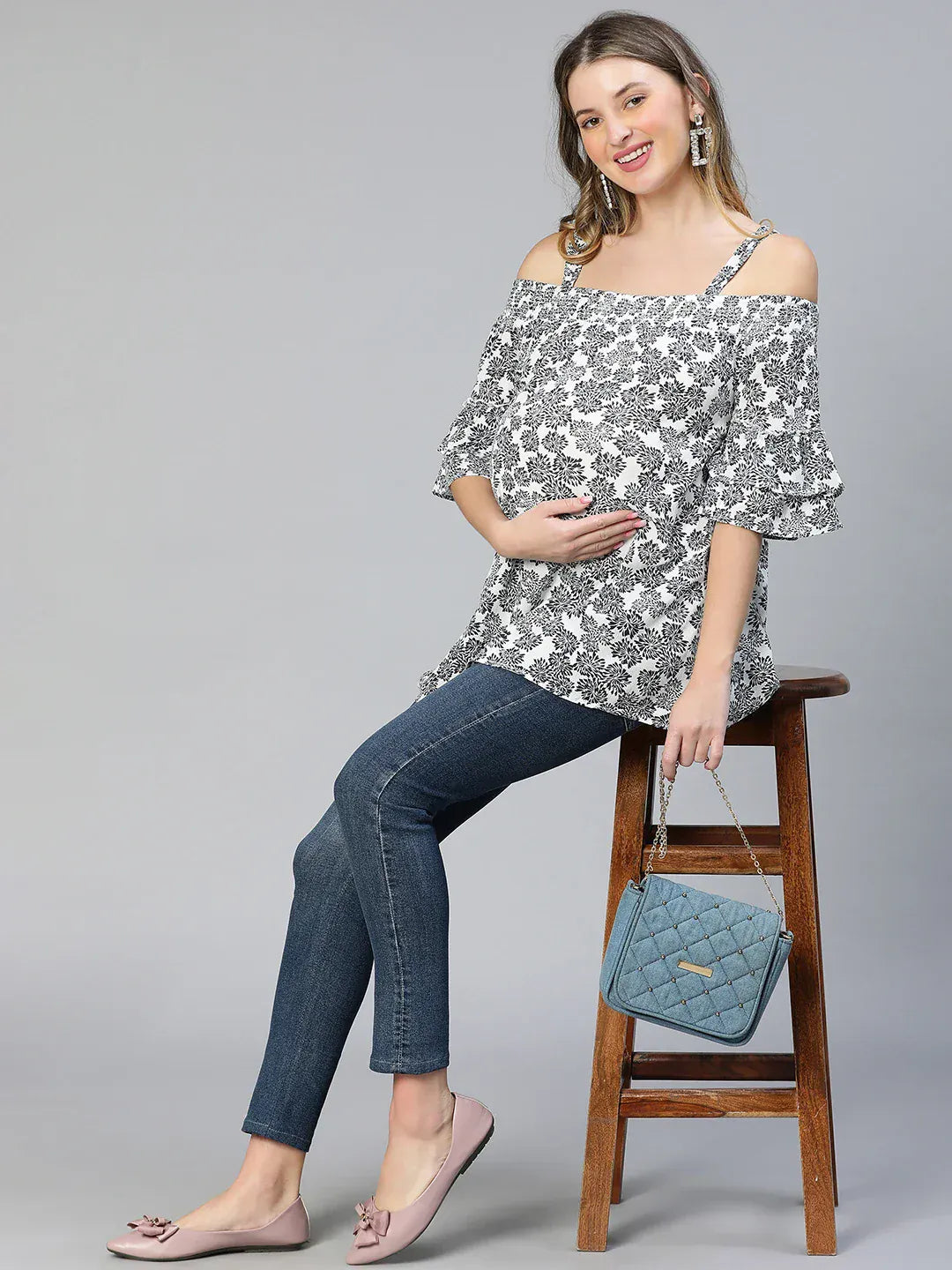Women White Floral Maternity Top