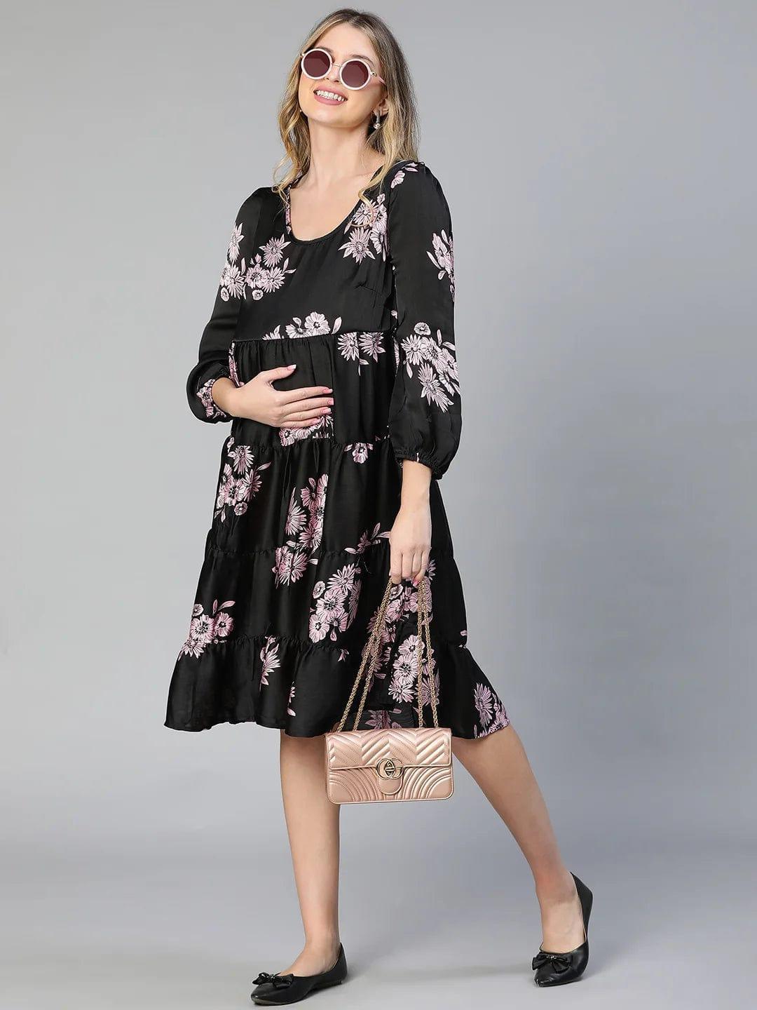 Allice Black Floral Print Feeding Zip Maternity Dress Stylish - oxolloxo
