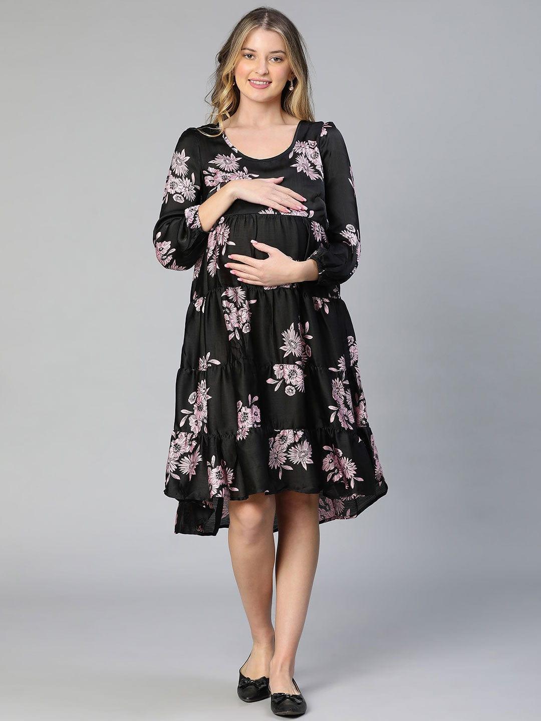 Allice Black Floral Print Feeding Zip Maternity Dress Stylish - oxolloxo