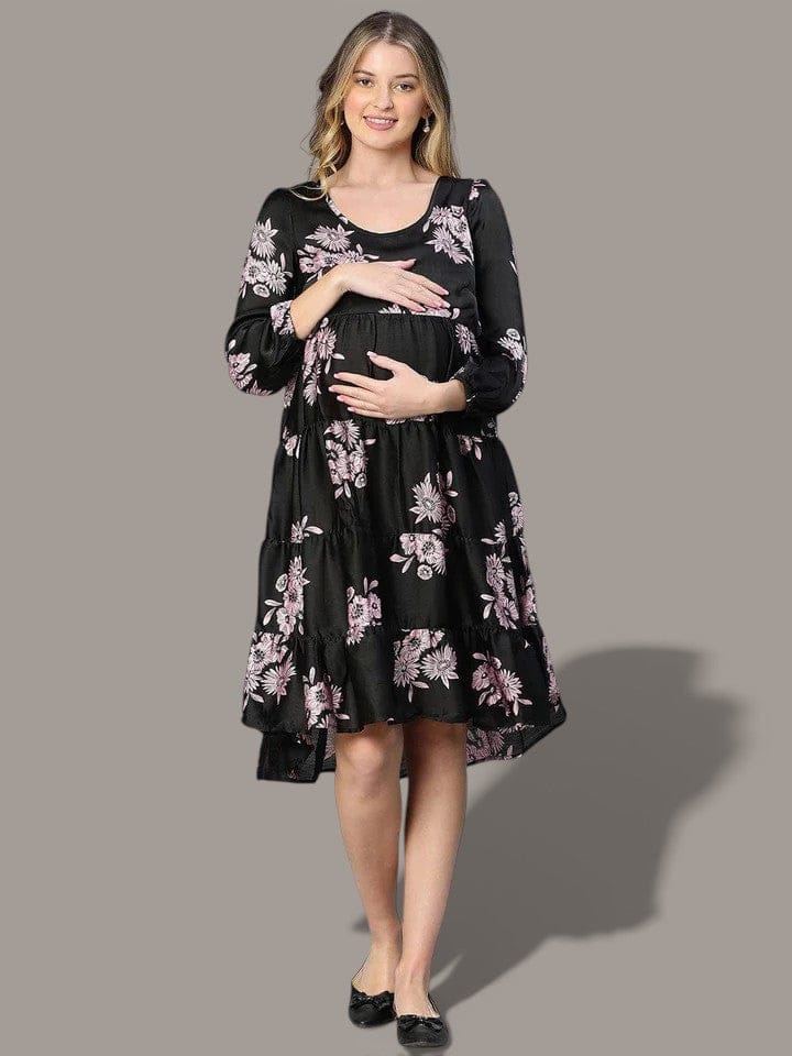 Women's Black Floral Print Maternity Dress