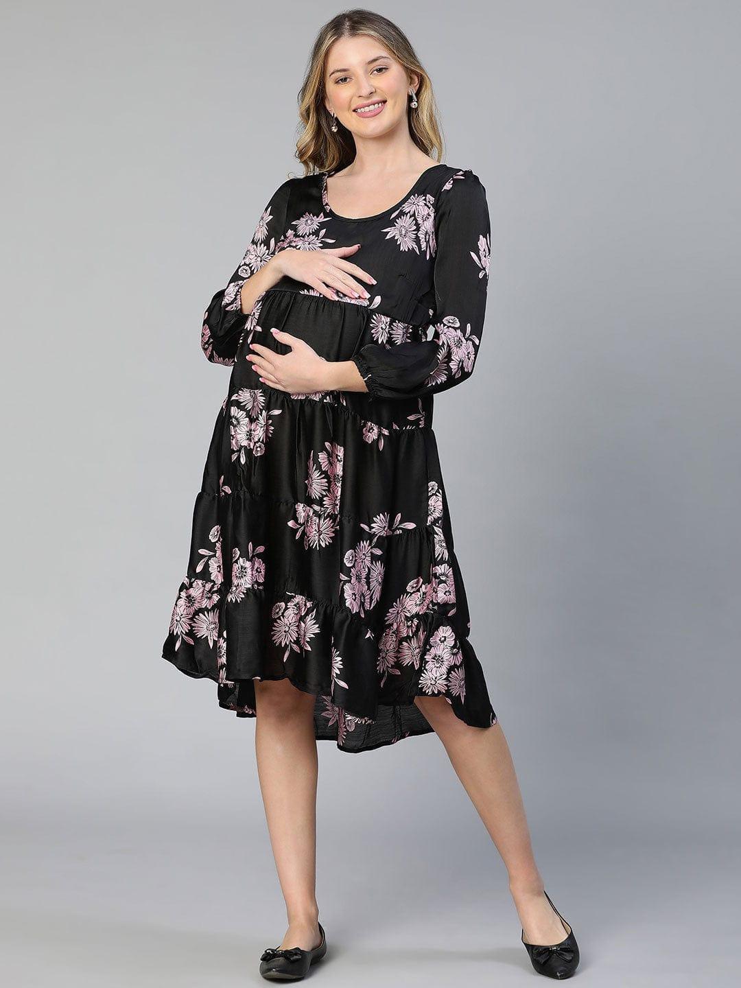 Allice Black Floral Print Feeding Zip Maternity Dress Stylish - oxolloxo