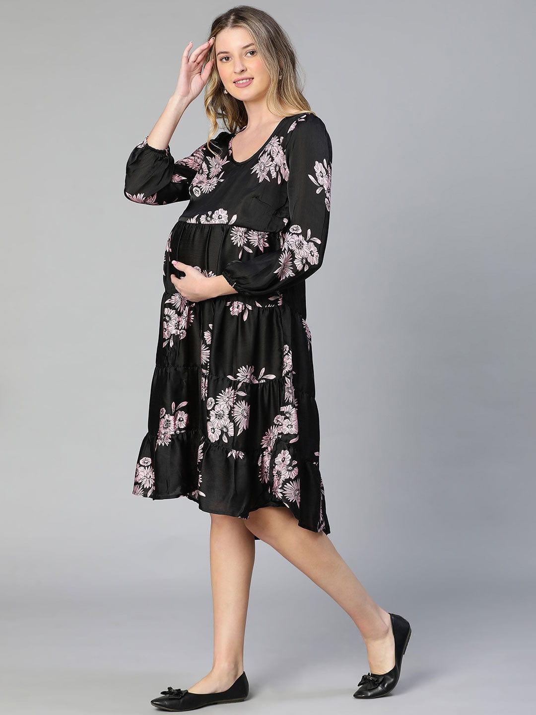 Allice Black Floral Print Feeding Zip Maternity Dress Stylish - oxolloxo