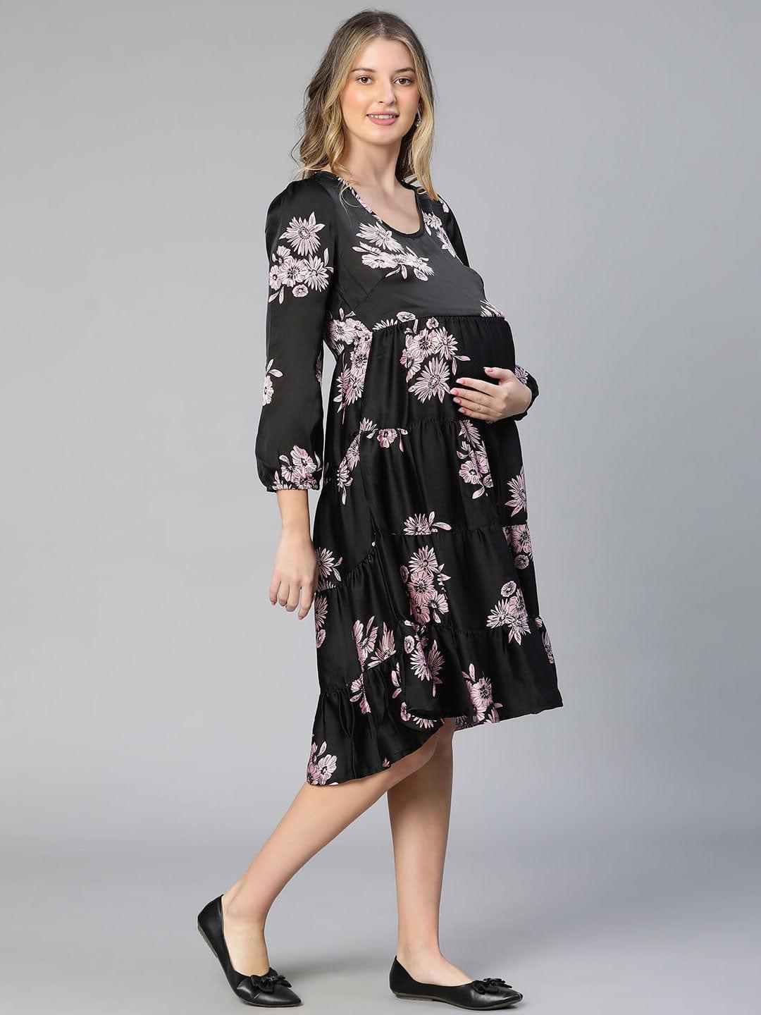 Allice Black Floral Print Feeding Zip Maternity Dress Stylish - oxolloxo