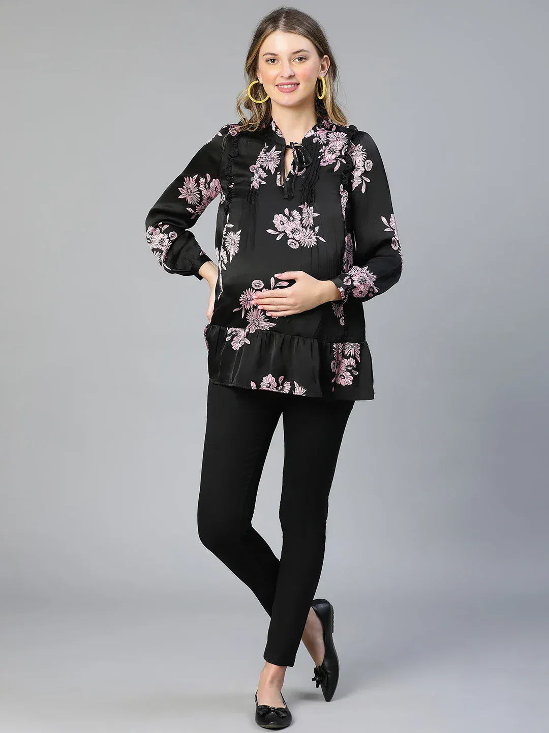 Women Black Floral Print Maternity Top
