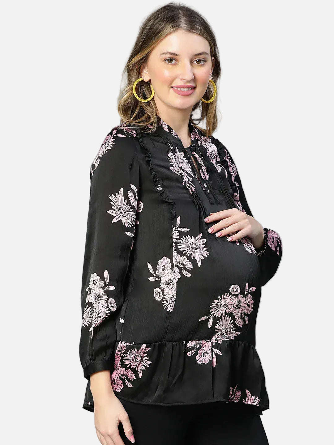 Women Black Floral Print Maternity Top