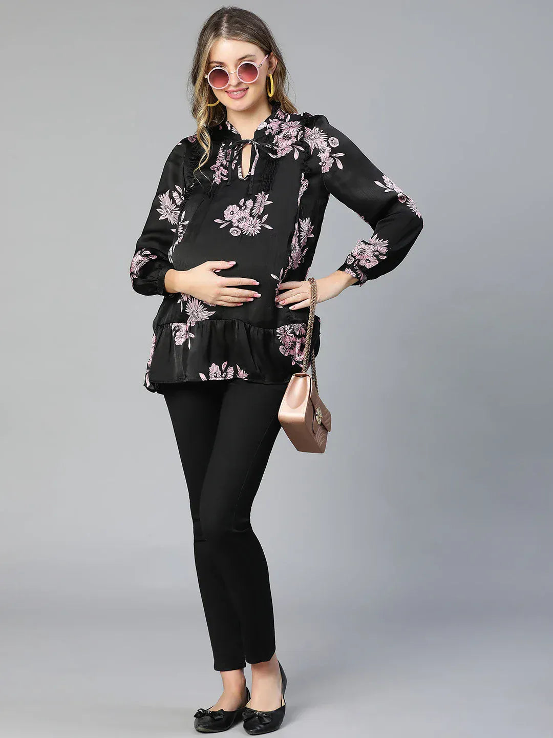 Women Black Floral Print Maternity Top